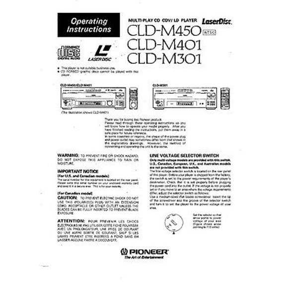 Instruction Manual ONLY for Pioneer CLD-M401 CD Player Owners Manual REPRINT