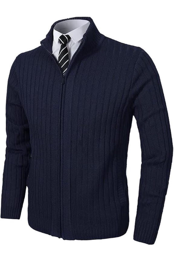 Men's Cardigan Sweaters Full Zip Up Stand Collar Slim Fit Casual Knitted Sweater with 2 Front Pockets