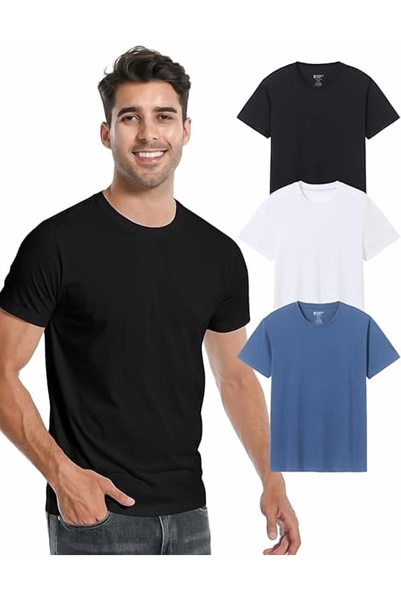 Men's Bamboo Viscose Crew Neck Plain Short Sleeve T-Shirt, 3-Pack