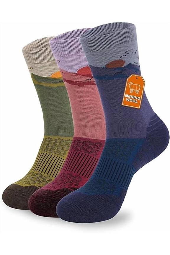 Merino Wool Hiking Socks Cushioned Breathable Athletic Running for Men Women - 3 Pairs