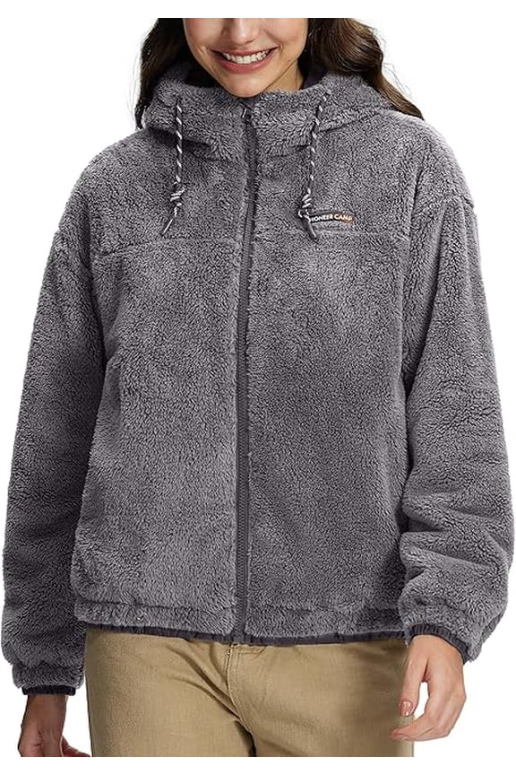 Women's Fuzzy Fleece Jacket Lightweight Full Zip Up Sherpa Jacket with Hood Warm Soft Fall Winter Coat Hoodie