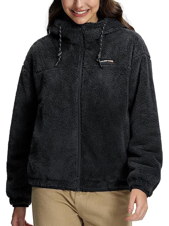 Women's Fuzzy Fleece Jacket Lightweight Full Zip Up Sherpa Jacket with Hood Warm Soft Fall Winter Coat Hoodie