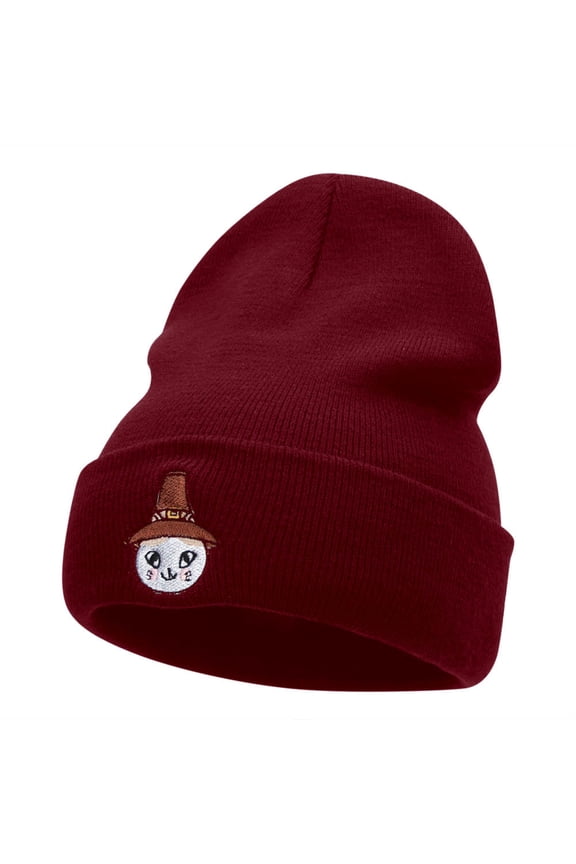 Pioneer Cat Hat Embroidered Long Knitted Beanie - Maroon OSFM