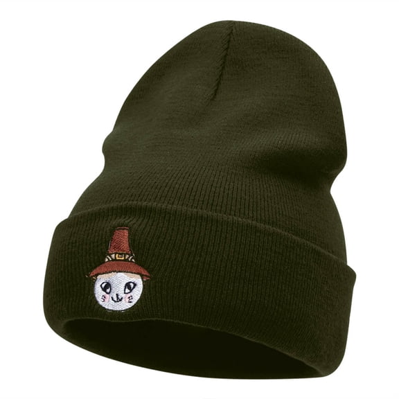 Pioneer Cat Hat Embroidered Long Knitted Beanie - Olive OSFM