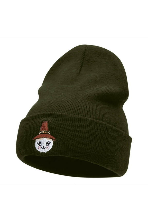 Pioneer Cat Hat Embroidered Long Knitted Beanie - Olive OSFM