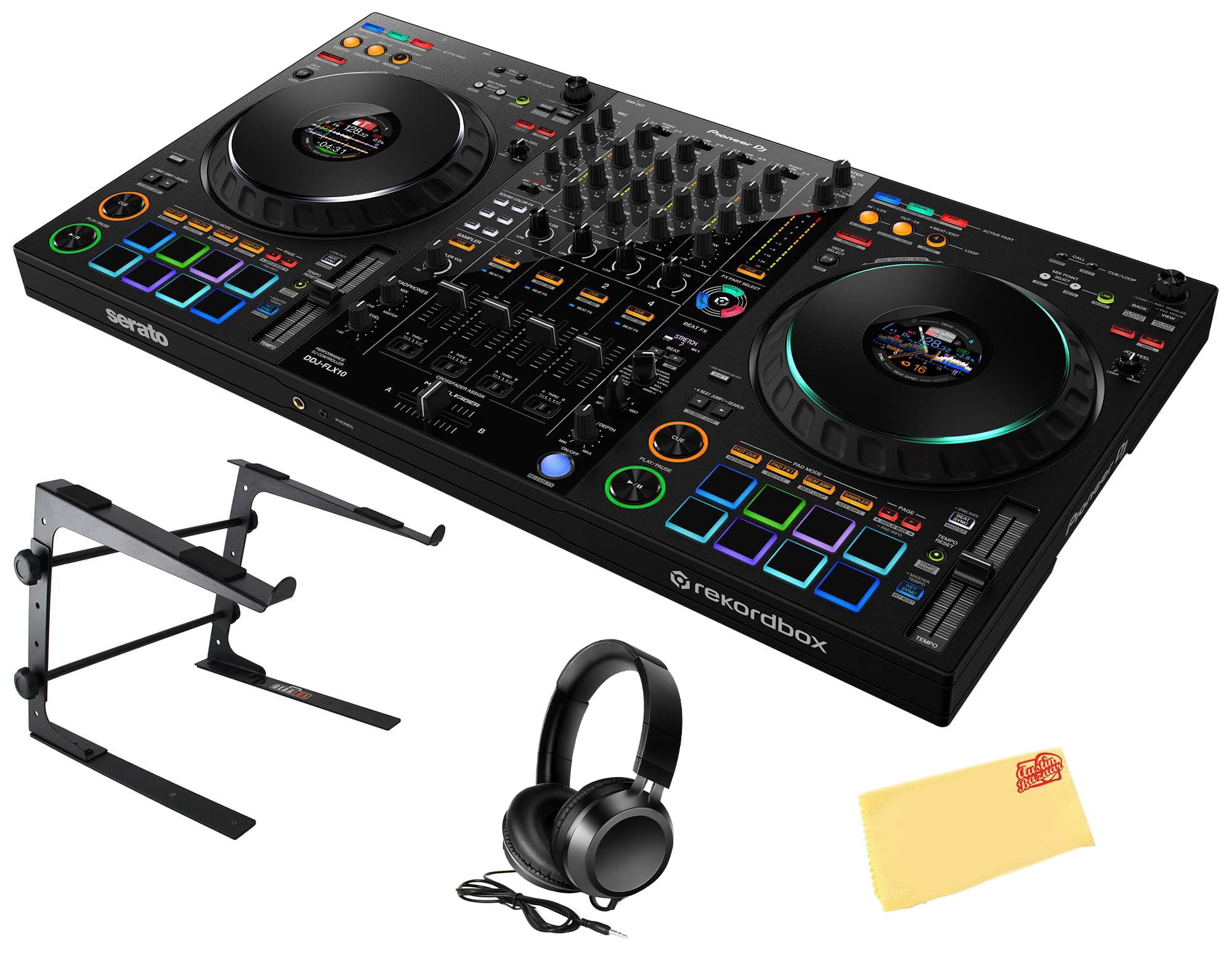 Pioneer DDJ-FLX10 DJ Controller - Black Bundle with Laptop Stand, Headphones, and Austin Bazaar Polishing Cloth