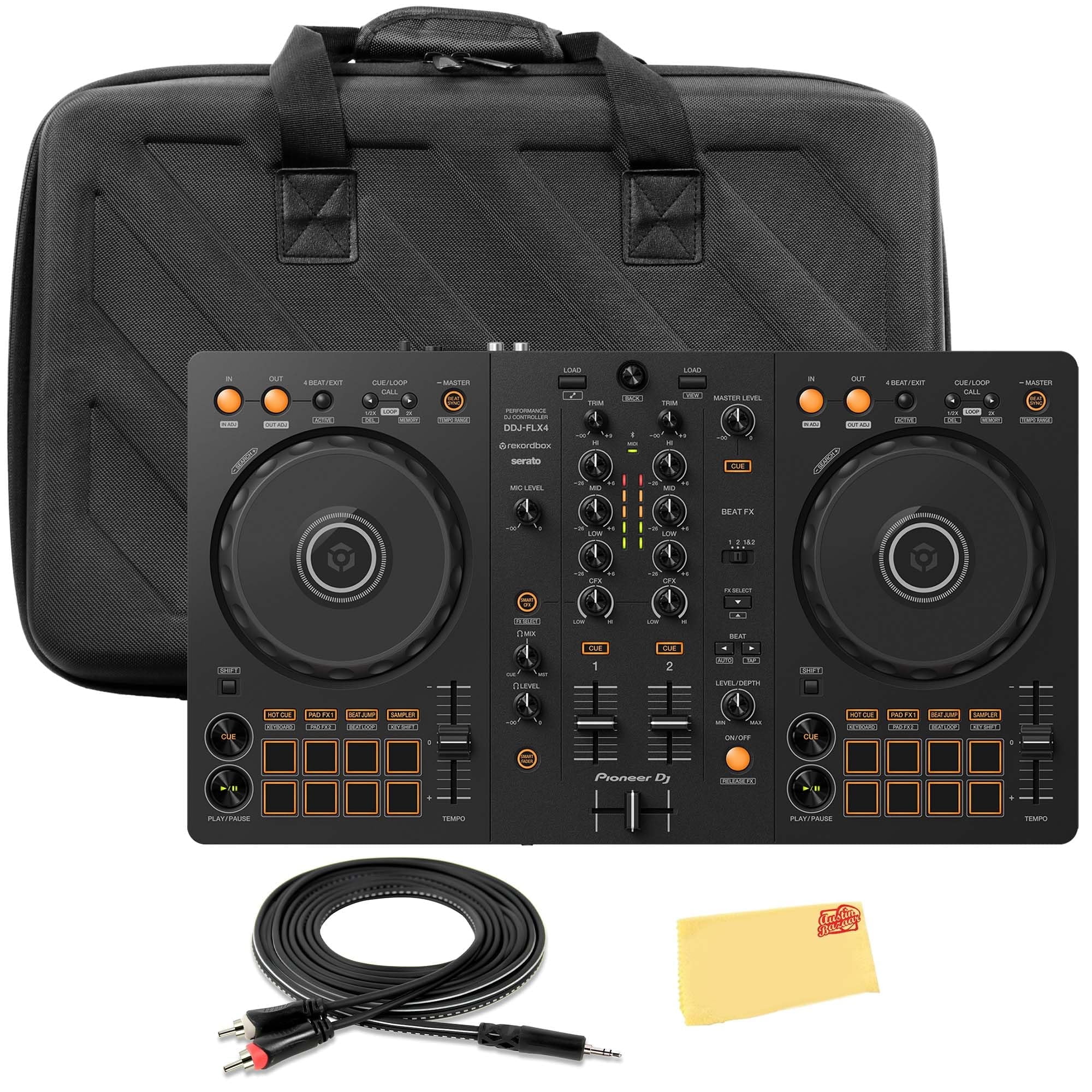 Pioneer DDJ-FLX4 2-Channel DJ Controller - Black Bundle with Case, TRS to RCA Breakout Cable, and Austin Bazaar Polishing Cloth