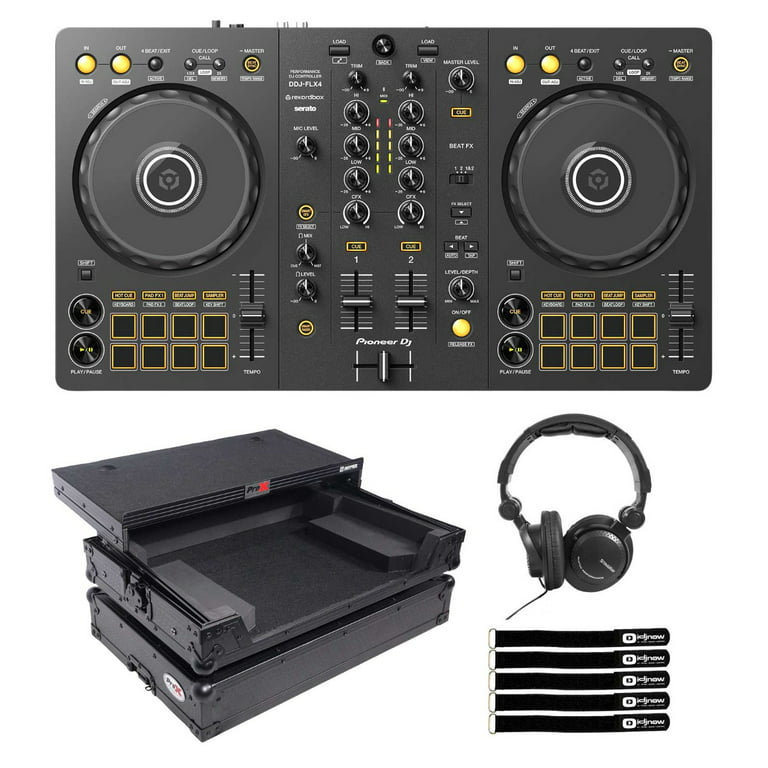 Pioneer DDJ-FLX4 2-Channel Rekordbox & Serato DJ Lite Controller with Black  Road Case & DJ Headphones Package