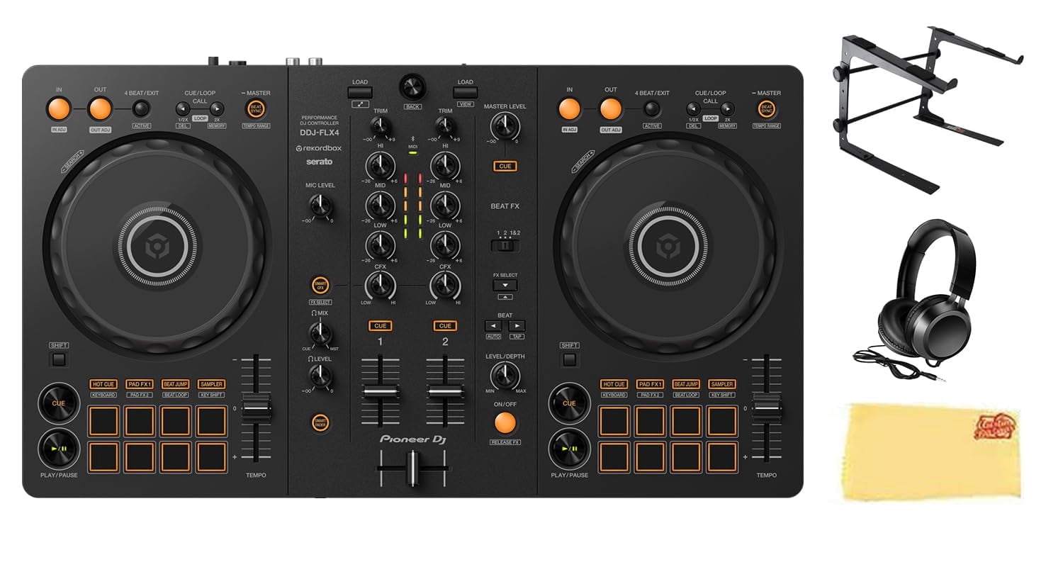 Pioneer DDJ-FLX4&ヘッドフォンセット Pioneer DDJ FLX4 DJ Controller - Black Bundle with Laptop Stand