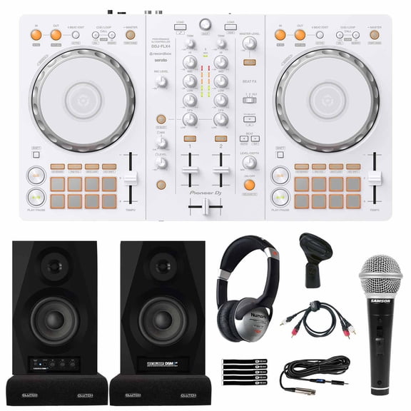 Pioneer DDJ-FLX4-W 2-Channel DJ Controller in White Starter Pack with Headphones, Monitors & Microphone Package