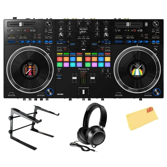 Pioneer DDJ-REV7 Scratch-Style 2-Channel Professional DJ Controller - Black Bundle with Laptop Stand, Headphones, and Austin Bazaar Polishing Cloth
