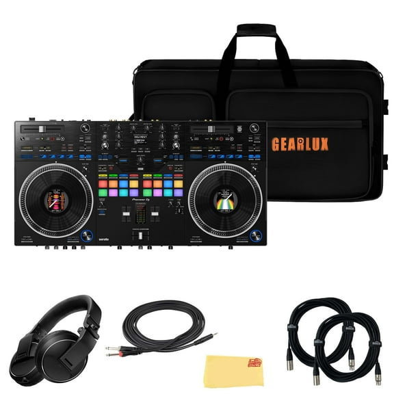 Pioneer DDJ-REV7 Scratch-Style 2-Channel Professional DJ Controller Bundle with Case, Headphones, XLR Microphone Cable, TRS to Dual TS Breakout Cable, and Austin Bazaar Polishing Cloth