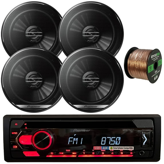 Pioneer DEH-S1250UB Single DIN AM/FM Radio USB AUX CD Player Car Receiver Bundle Combo with 4x 6.5" 300 Watts Peak Power 2-Way Coaxial Automotive Audio Speakers, 16 AWG Gauge 50 Feet Speaker Wire