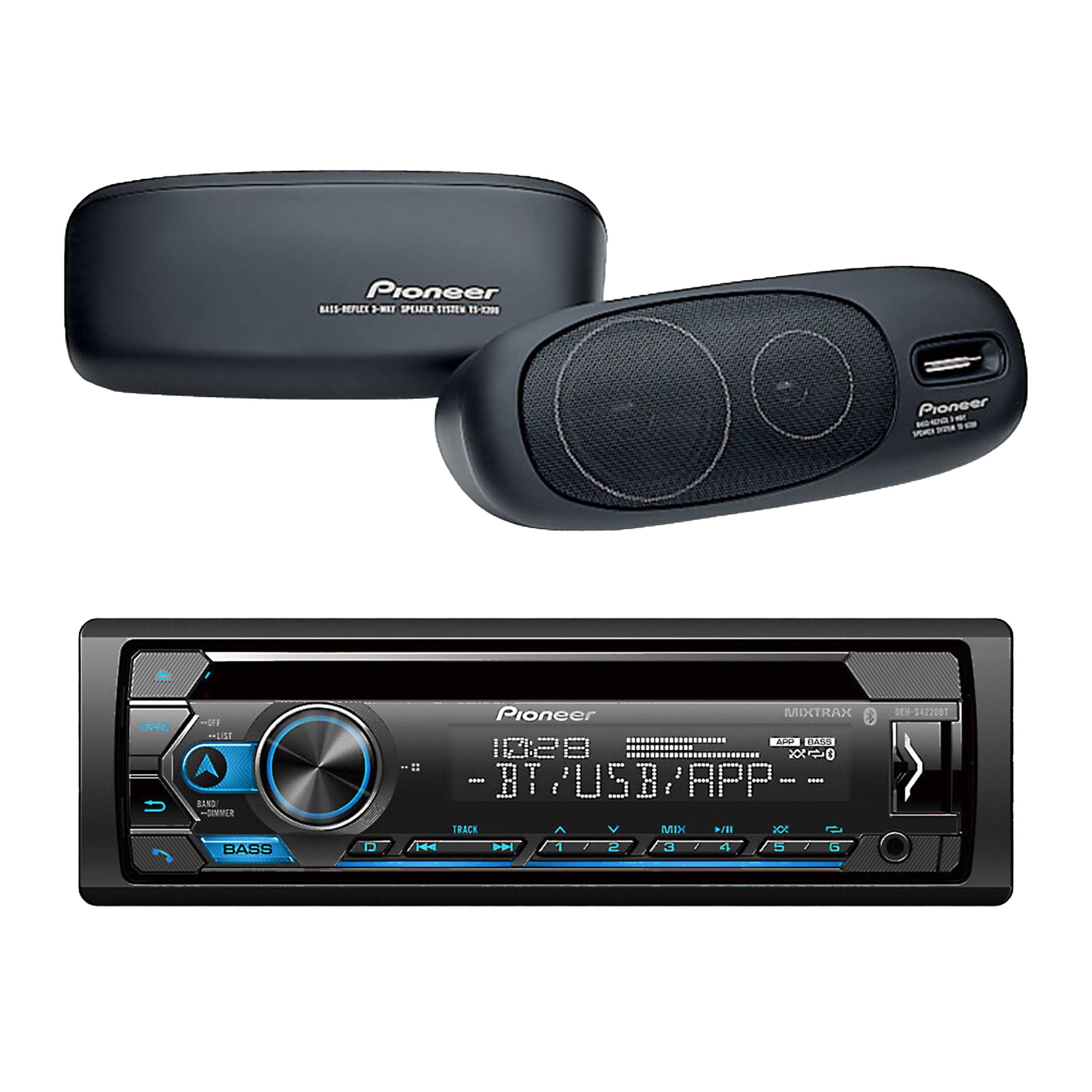 Pioneer DEH-S4220BT In-dash CD with  Alexa, Pioneer Smart Sync App,  Bluetooth and 1 Pair of Pioneer TS-X200 - 3-Way Surface Mount Speaker 