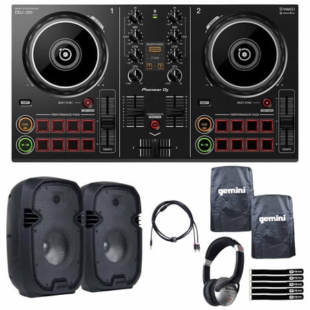 Pioneer DJ DDJ-200 Smart DJ Controller with Gemini PartyBox Rave8 8" Rechargeable Powered Speakers Package