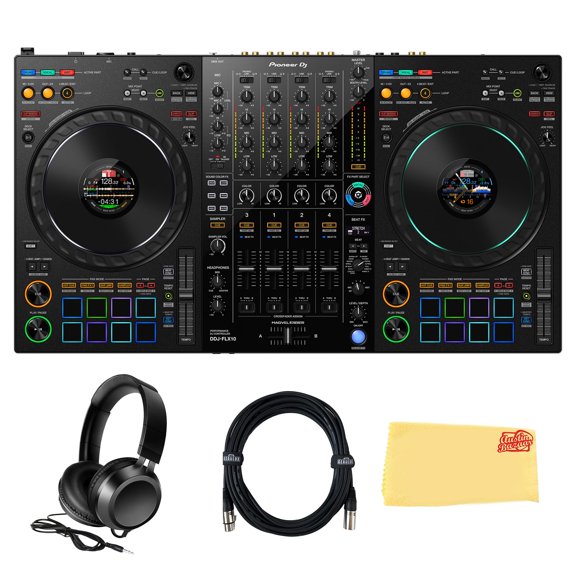 Pioneer DJ DDJ-FLX10 4-Channel Professional DJ Controller - Black Bundle with Gearlux Headphones, DMX Cable, and Austin Bazaar Polishing Cloth