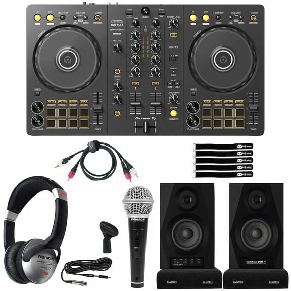 Pioneer DJ DDJ-FLX4 2-Channel Controller with Clutch CL-SG3BT Sonic Groove 3.5" Desktop Monitor Speakers Starter Package