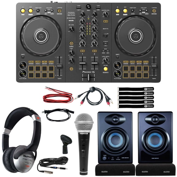 Pioneer DJ DDJ-FLX4 2-Channel Controller with Clutch CL-SG3BT Sonic Groove 3.5" Desktop Monitor Speakers Starter Package