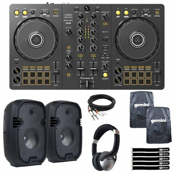 Pioneer DJ DDJ-FLX4 2-Channel Controller with Gemini PartyBox Rave8 8" Speakers & DJ Headphones Package