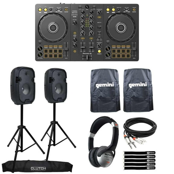 Pioneer DJ DDJ-FLX4 2-Channel Controller with Gemini PartyBox Rave8 8" Speakers & Tripod Speaker Stands Package