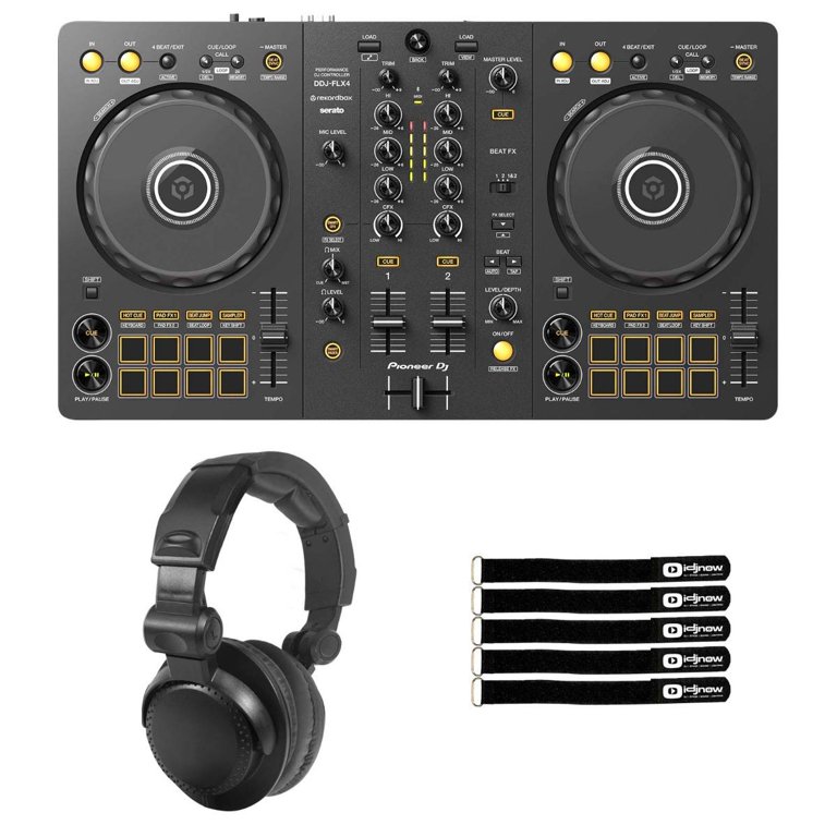 Pioneer DJ DDJ-FLX4 2-Channel DJ Controller and On-Ear Wireless Headphones  and DM-40D 4 Desktop Active Monitor Speaker Bundle