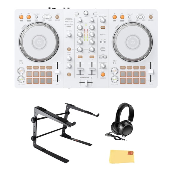 Pioneer DJ DDJ-FLX4 2-Channel DJ Controller - White Bundle with Laptop Stand, Headphones, and Austin Bazaar Polishing Cloth