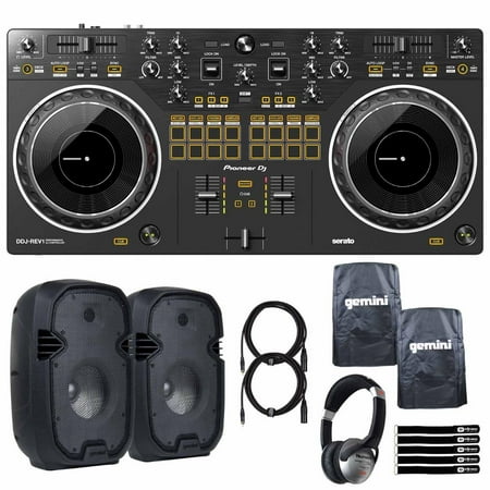 Pioneer DJ DDJ-REV1 Scratch Style 2-Channel Controller with Gemini PartyBox Rave8 8" Rechargeable Powered Speakers Package