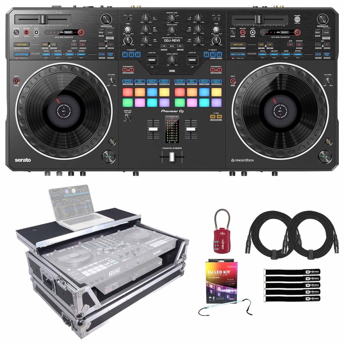 Pioneer DJ DDJ-REV5 DJ Controller with Flight Style Laptop Case & RGB LED Strip Kit Package