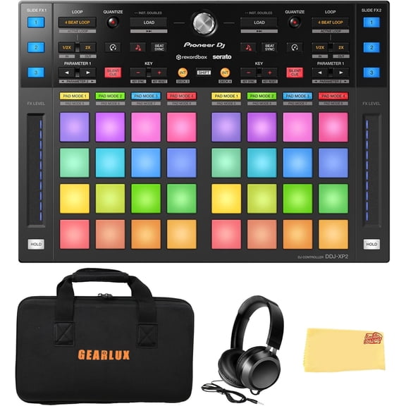 Pioneer DJ DDJ-XP2 Sub-Controller for Rekordbox & Serato DJ Pro Bundle with Case, Headphones, and Austin Bazaar Polishing Cloth