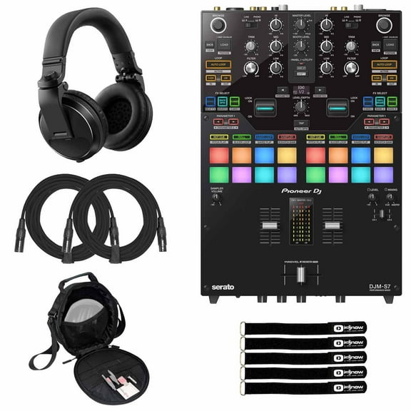 Pioneer DJ DJM-S7 Scratch Style 2 Channel Performance Mixer with Black Over-Ear DJ Headphones Package