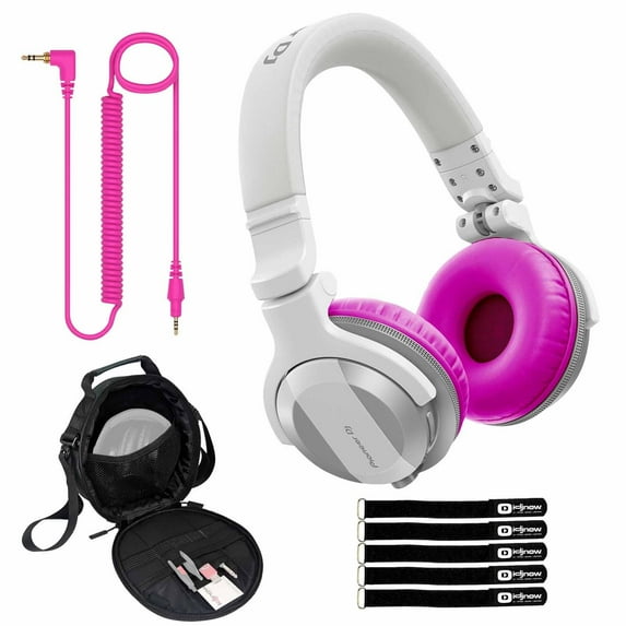 Pioneer DJ HDJ-CUE1BT White Wireless Bluetooth Headphones with Pink Ear Pad Accessories Package