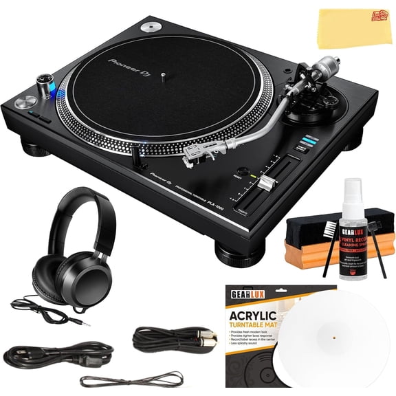 Pioneer DJ PLX-1000 Professional Direct Drive Turntable - Black Bundle with Headphones, Slipmat, Cleaning Kit, and Austin Bazaar Polishing Cloth