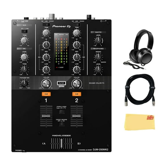 Pioneer DJM-250MK2 2-Channel DJ Mixer with Independent Channel Filter - Bundle with Headphones, XLR Cable, and Austin Bazaar Polishing Cloth