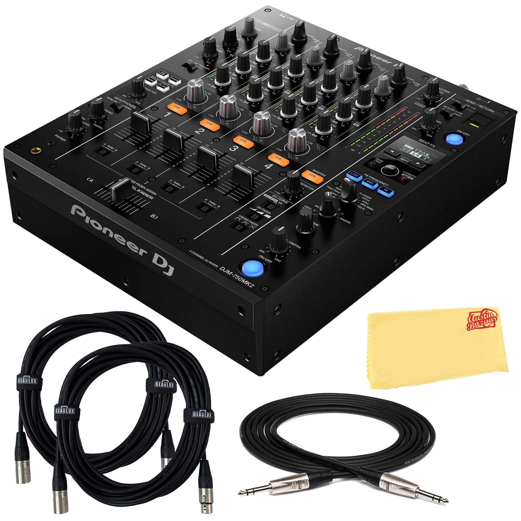 Pioneer DJM-750MK2 4-Channel DJ Mixer - Bundle with TRS Cable, 2 XLR Cables, and Austin Bazaar Polishing Cloth