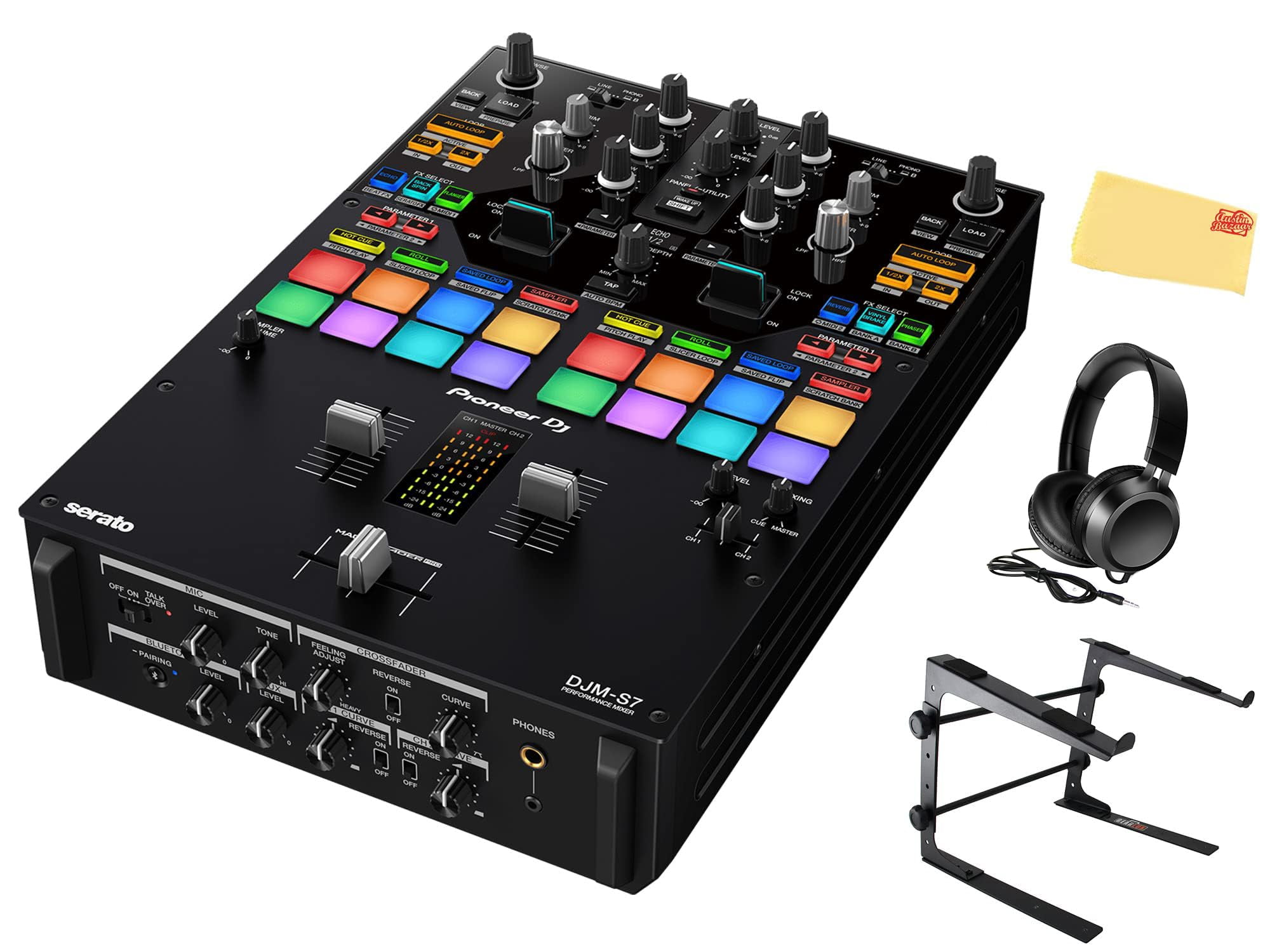 Pioneer DJM-S7 DJ Mixer - Bundle with Stand, Headphones, and Austin Bazaar Polishing Cloth