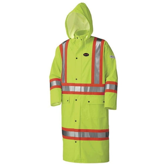 Pioneer FR Oil & Chemical Resistant Long Rain Coat, High Visibility Safety Jacket, Waterproof, Lightweight, Hood, V3520360-M, Yellow Green, M