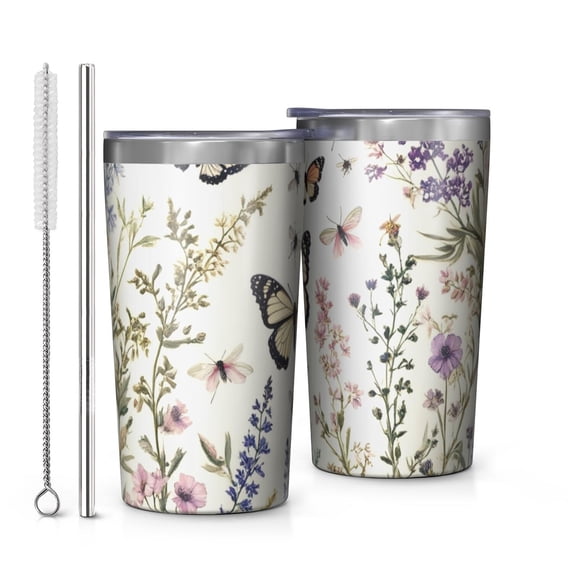 Pioneer Flower and Butterfly 10oz Tumblers Stainless Steel Tumbler with Lid and Straw,Vacuum Insulated Double Wall Travel Tumbler Cups with Cleaning Brush for Coffee, Tea
