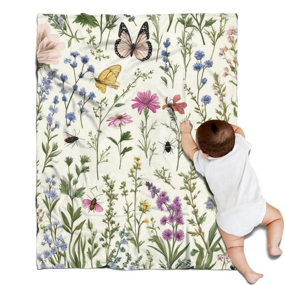 Pioneer Flower and Butterfly Blanket,Comfortable Soft Flannel Throw Blanket,All Season,Warm Lightweight Blankets for Sofa Bed Couch Living Room Chair,30"x40"(80x100cm)