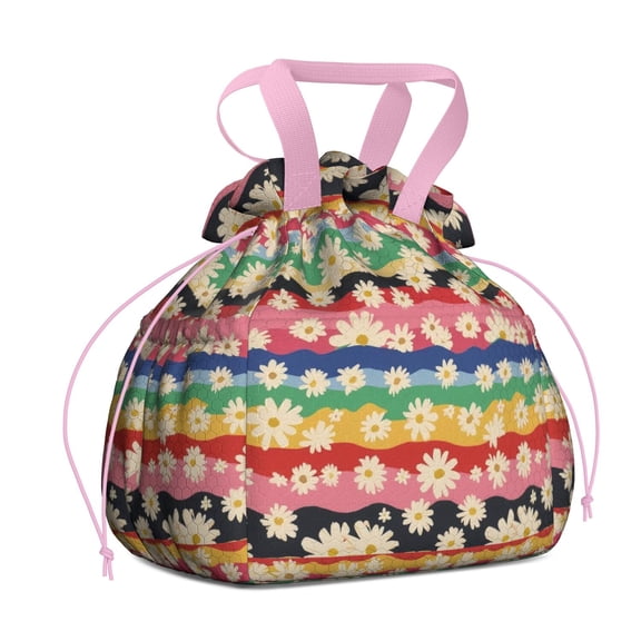 Pioneer Flower Drawstring Lunch Bag Women - Drawstring Lunch Bag Insulated for Work Office - Stain-Resistant Large Lunchbags for Women with Multi-Pockets