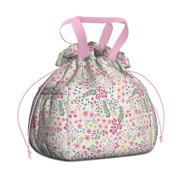 Pioneer Flower Drawstring Lunch Bag Women - Drawstring Lunch Bag Insulated for Work Office - Stain-Resistant Large Lunchbags for Women with Multi-Pockets