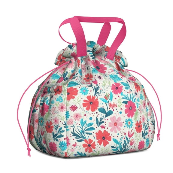 Pioneer Flower Drawstring Lunch Bag Women - Drawstring Lunch Bag Insulated for Work Office - Stain-Resistant Large Lunchbags for Women with Multi-Pockets