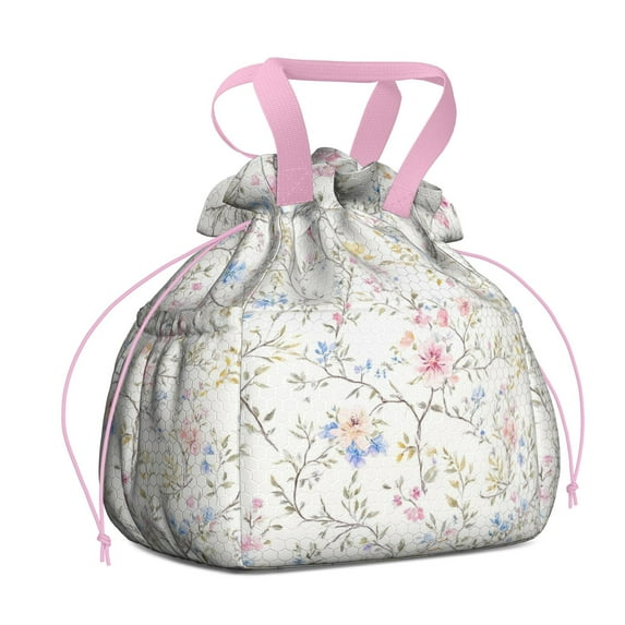 Pioneer Flower Drawstring Lunch Bag Women - Drawstring Lunch Bag Insulated for Work Office - Stain-Resistant Large Lunchbags for Women with Multi-Pockets