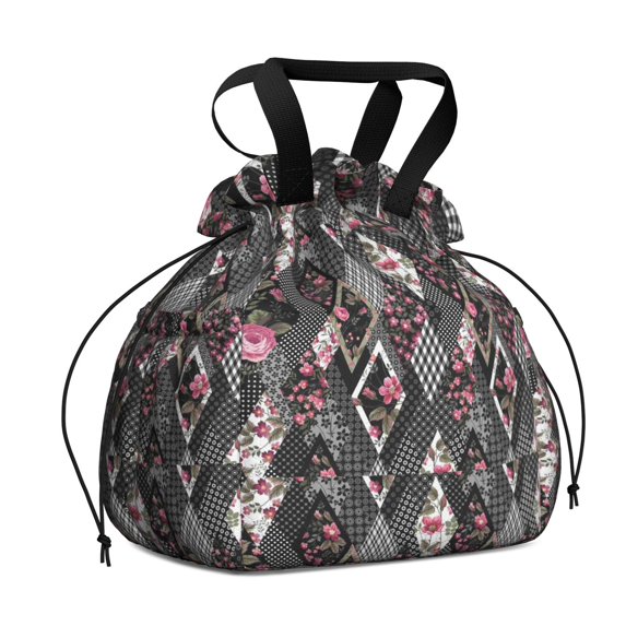 Pioneer Flower Drawstring Lunch Bag Women - Drawstring Lunch Bag Insulated for Work Office - Stain-Resistant Large Lunchbags for Women with Multi-Pockets