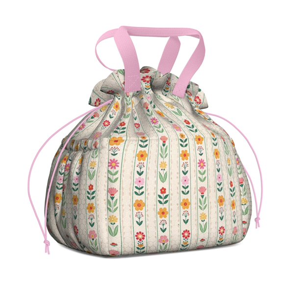 Pioneer Flower Drawstring Lunch Bag Women - Drawstring Lunch Bag Insulated for Work Office - Stain-Resistant Large Lunchbags for Women with Multi-Pockets
