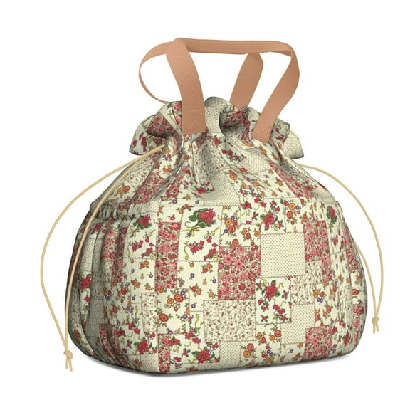 Pioneer Flower Drawstring Lunch Bag Women - Drawstring Lunch Bag Insulated for Work Office - Stain-Resistant Large Lunchbags for Women with Multi-Pockets