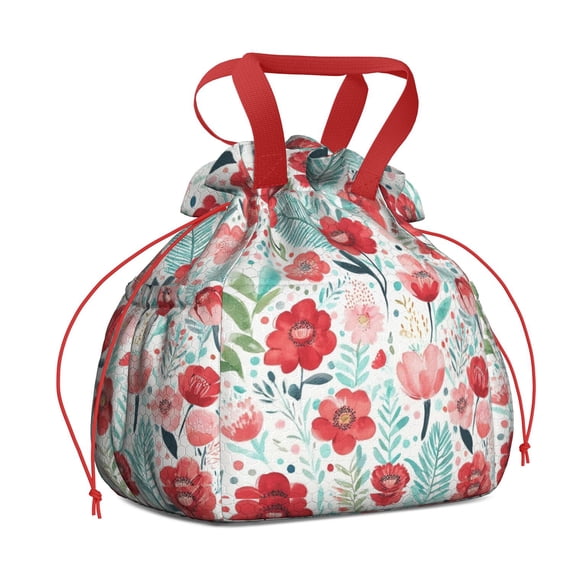 Pioneer Flower Drawstring Lunch Bag Women - Drawstring Lunch Bag Insulated for Work Office - Stain-Resistant Large Lunchbags for Women with Multi-Pockets
