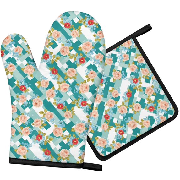 Pioneer Flower Floral Print Pattern 1-Pack Oven Mitts Set, Heat Resistant Kitchen Gloves, 7.7" X 12"