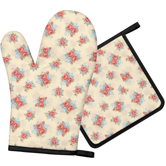 Pioneer Flower Floral Print Pattern 1-Pack Oven Mitts Set, Heat Resistant Kitchen Gloves, 7.7" X 12"
