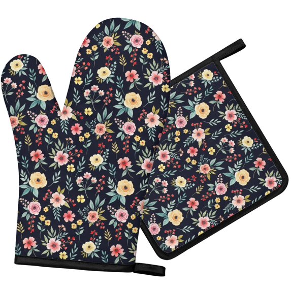Pioneer Flower Floral Print Pattern 1-Pack Oven Mitts Set, Heat Resistant Kitchen Gloves, 7.7" X 12"