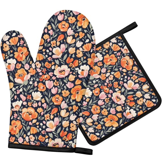 Pioneer Flower Floral Print Pattern 1-Pack Oven Mitts Set, Heat Resistant Kitchen Gloves, 7.7" X 12"